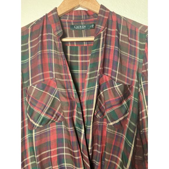Lauren Ralph Lauren Plaid Twist Front Blouse L Red Green Long Sleeve Draped - Picture 5 of 11